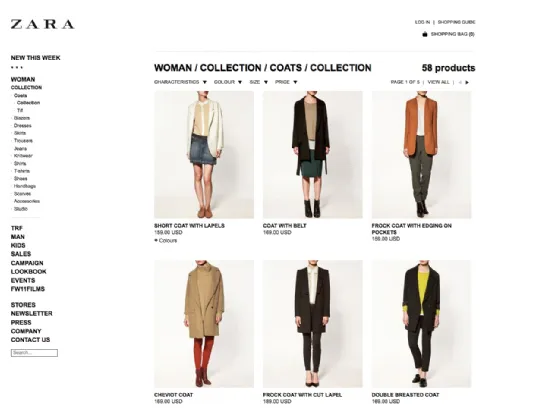 Dettaglio del sito internet Zara