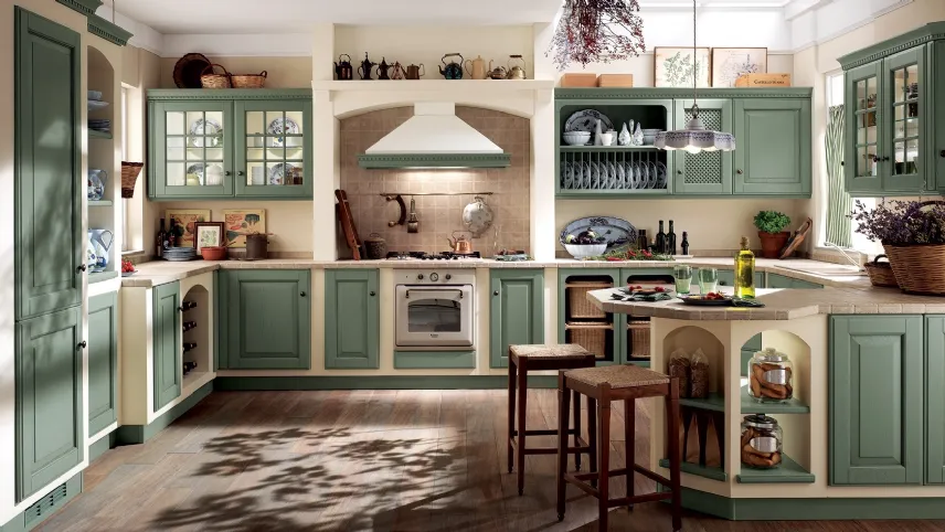 Cucina Baltimora di Scavolini.  Il sistema di strutture in legno si chiama Provenza.Le ante sono in rovere di colore verde antico.