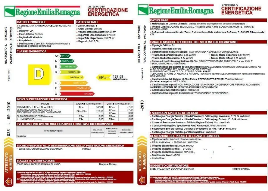 Esempio certificato energetico su base regionale.