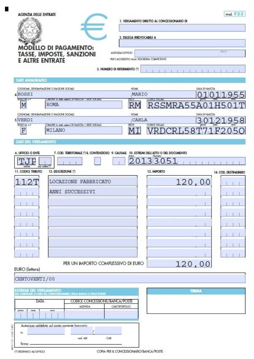 Modello F23 per il pagamento dell'imposta di registro