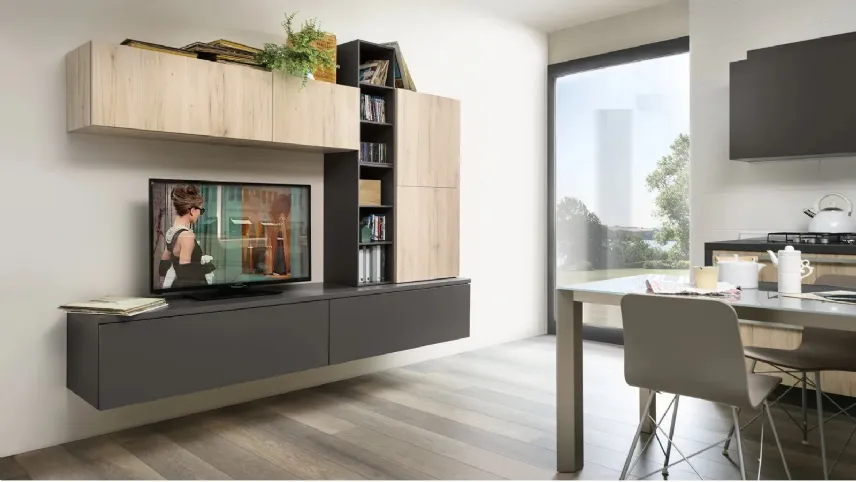 Parete attrezzata Living Play Rovere Medio 696, Ardesia 077 di Veneta Cucine 